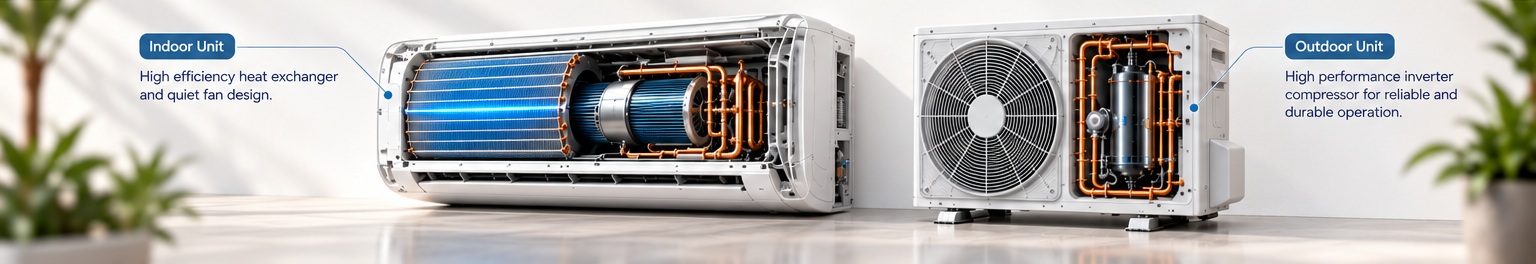 PROMA indoor unit heat exchanger and quiet fan design with outdoor inverter compressor